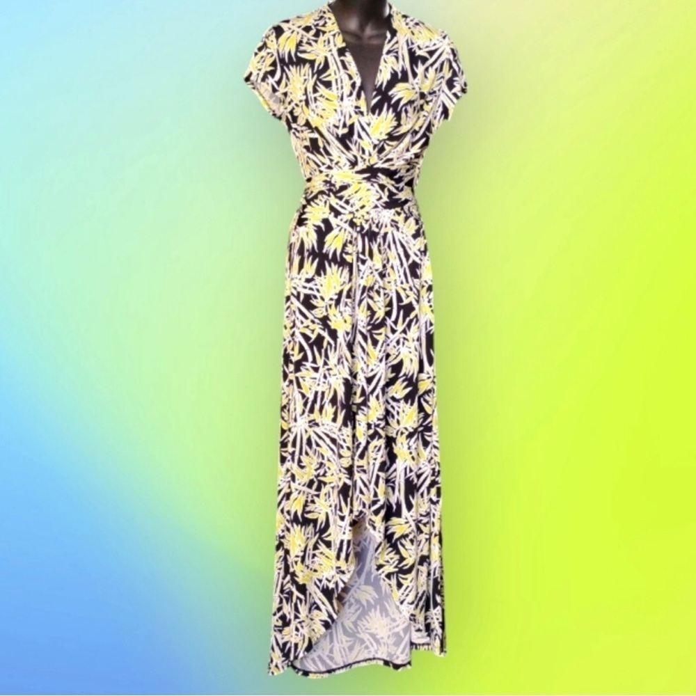 MICHAEL KORS Black and Yellow Floral Short Sleeves V Neck Wrap Dress Hi Low Hem